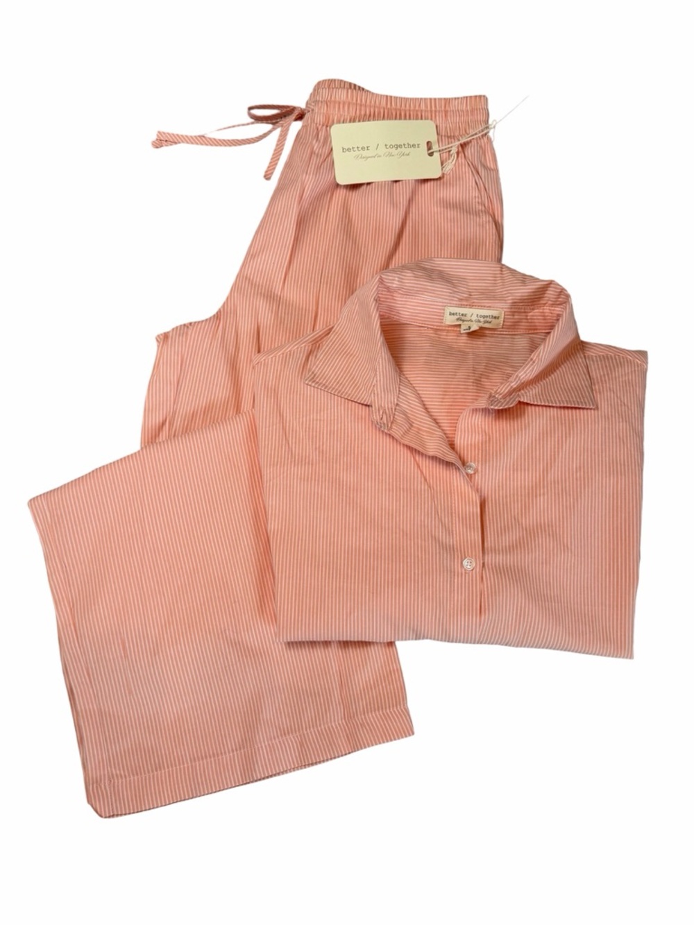 Better Together Striped Pajama Set Peach White Cotton Poplin NWT S